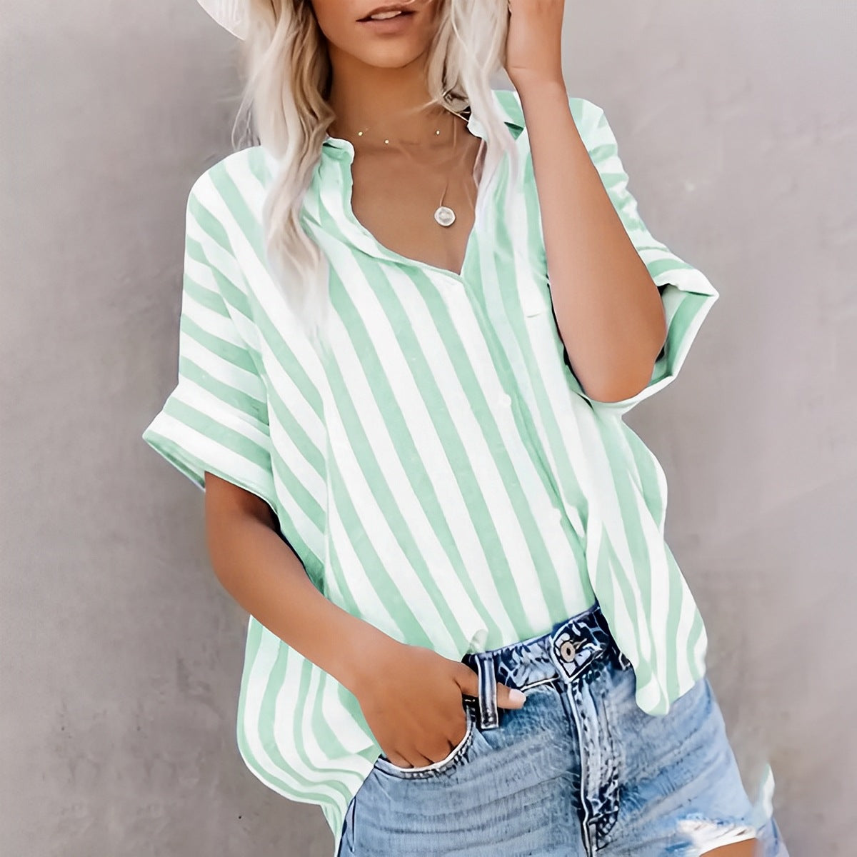 Dames Blouse Korte Mouw – Relaxed Fit – Katoen – Open Front – Diagonaal Gestreept