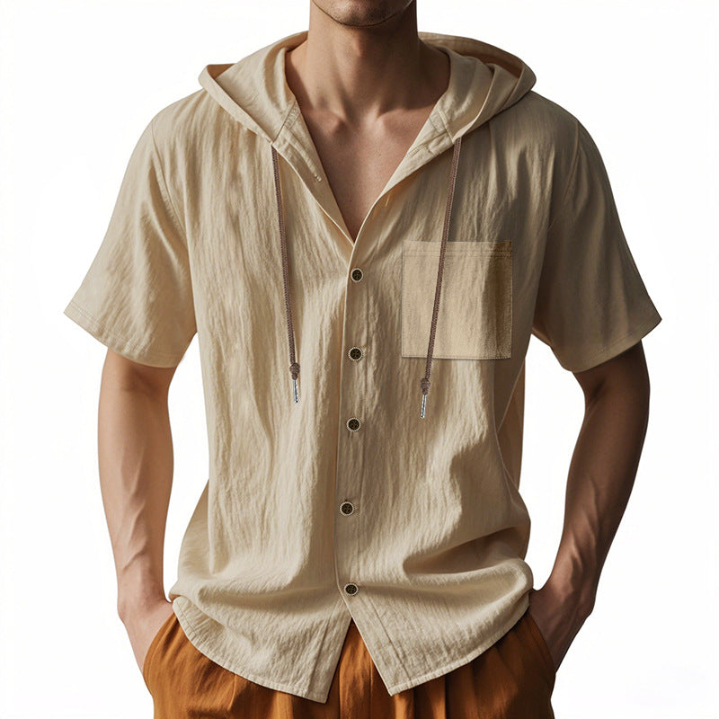 Heren Hooded Overhemd – Linnen – Relaxed Fit – Korte Mouw – Knoopsluiting Casual