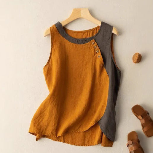 Dames Mouwloze Top – Cotton – Relaxed Fit – Asymmetrische Zoom – Knopen Detail
