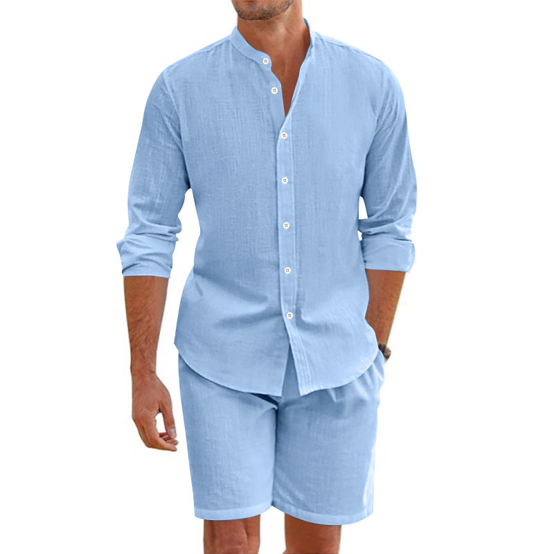 Heren Two-Piece Set – Linnen Mix – Relaxed Fit – Button-Up Shirt & Korte Broek