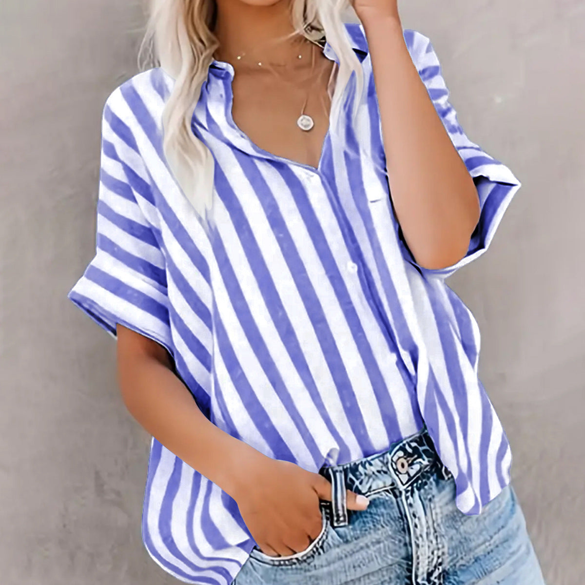 Dames Blouse Korte Mouw – Relaxed Fit – Katoen – Open Front – Diagonaal Gestreept