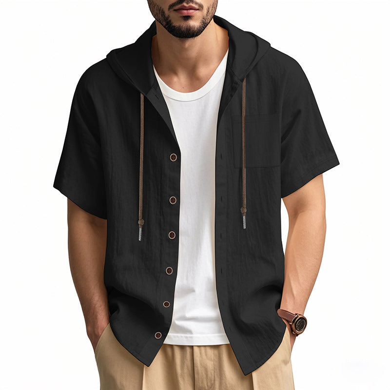 Heren Hooded Overhemd – Linnen – Relaxed Fit – Korte Mouw – Knoopsluiting Casual