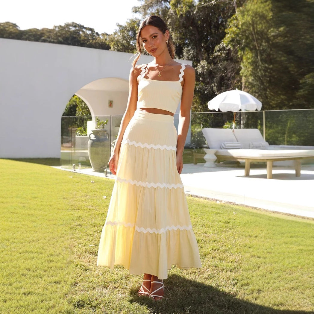 Dames Twee-Delige Set – Strapless Crop Top – Maxi Rok met Gelaagde Wavy Afwerking – Luchtige Katoen