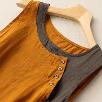 Dames Mouwloze Top – Cotton – Relaxed Fit – Asymmetrische Zoom – Knopen Detail