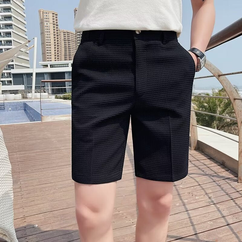 Heren Shorts – Slanke Pasvorm – Textuurstof – Knie Lengte – Met Riemlussen en Knoopsluiting