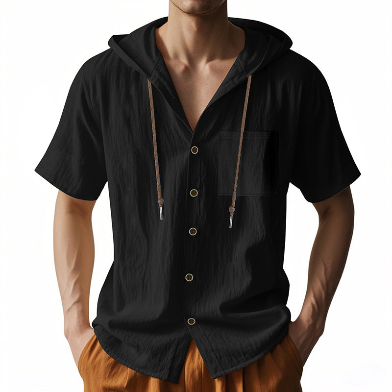 Heren Hooded Overhemd – Linnen – Relaxed Fit – Korte Mouw – Knoopsluiting Casual