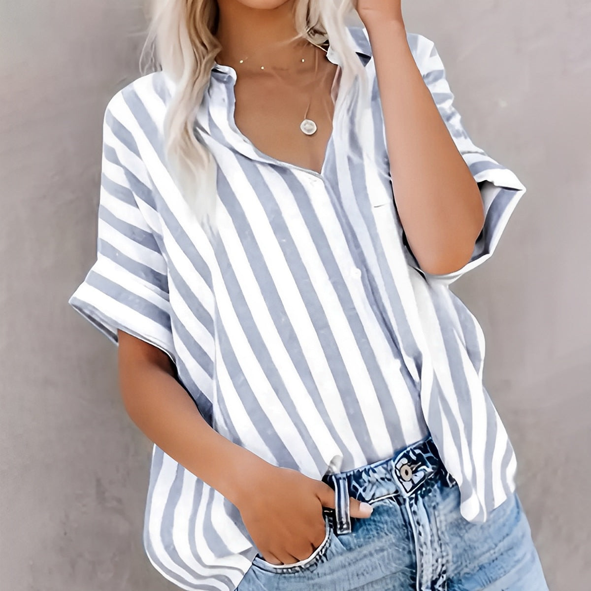 Dames Blouse Korte Mouw – Relaxed Fit – Katoen – Open Front – Diagonaal Gestreept