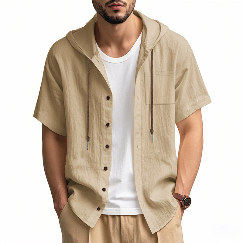 Heren Hooded Overhemd – Linnen – Relaxed Fit – Korte Mouw – Knoopsluiting Casual