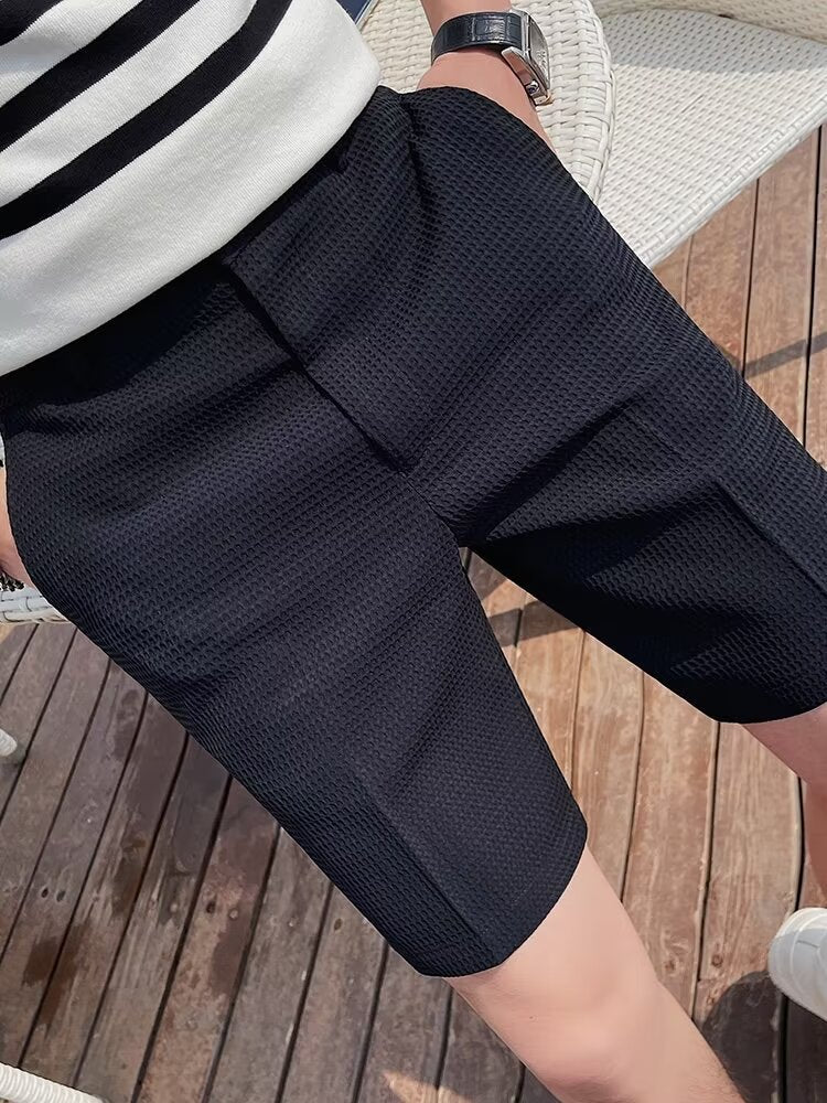Heren Shorts – Slanke Pasvorm – Textuurstof – Knie Lengte – Met Riemlussen en Knoopsluiting