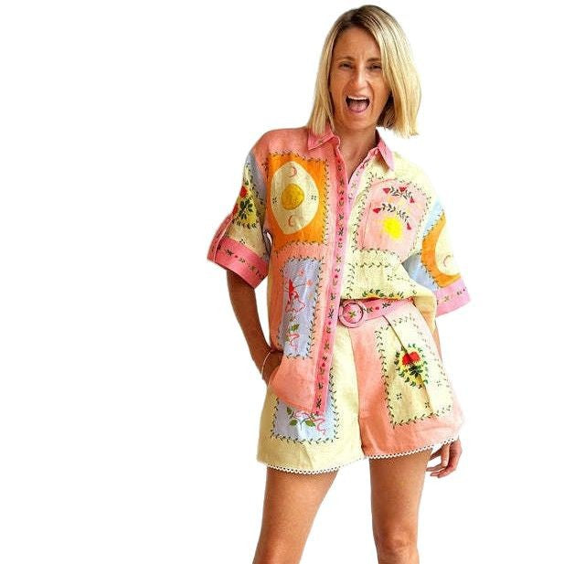 Dames Set Blouse en Shorts – Relaxte Pasvorm – Geborduurd – Hoge Taille met Riem