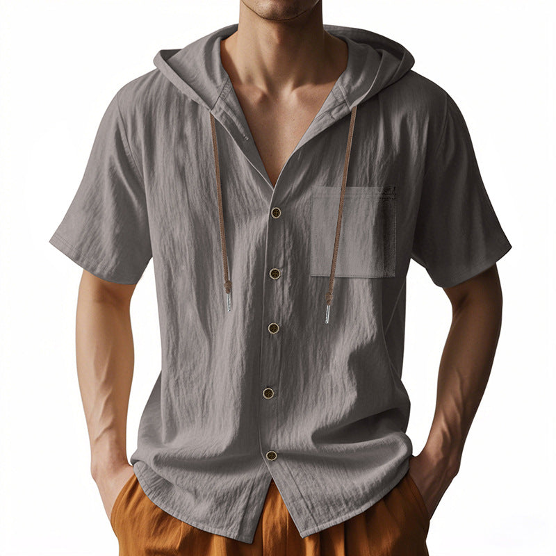 Heren Hooded Overhemd – Linnen – Relaxed Fit – Korte Mouw – Knoopsluiting Casual