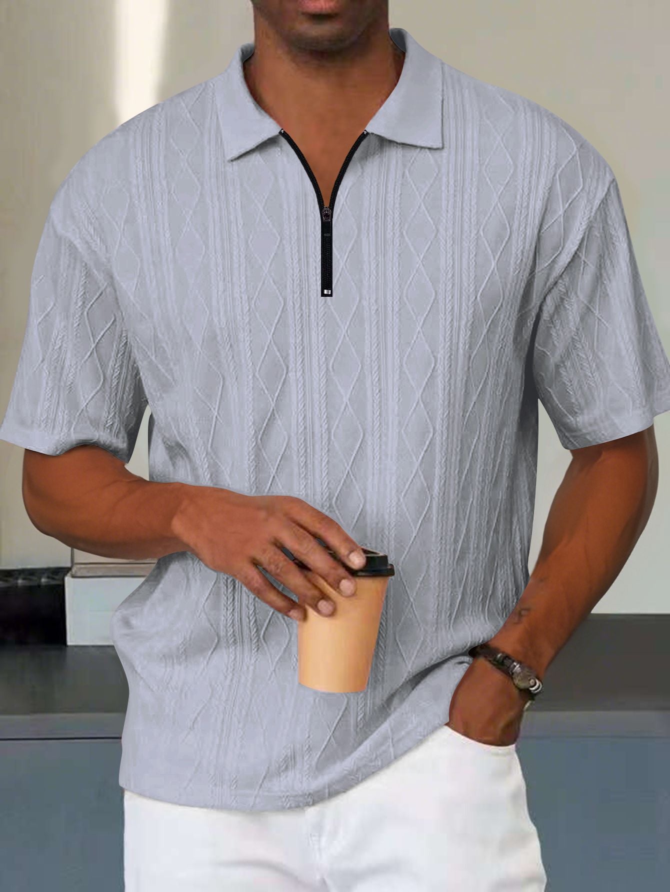 Heren Polo Shirt – Relaxed Fit – Zacht Breisel – Zip Kraag – Kabelstructuur