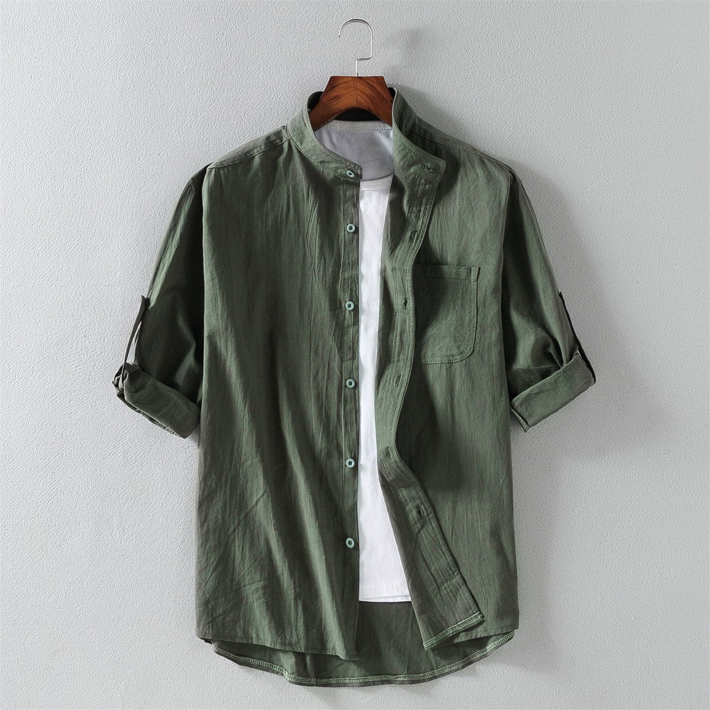 Heren Overhemd Korte Mouw – Linnenmix – Relaxed Fit – Mandarin Kraag – Casual Style