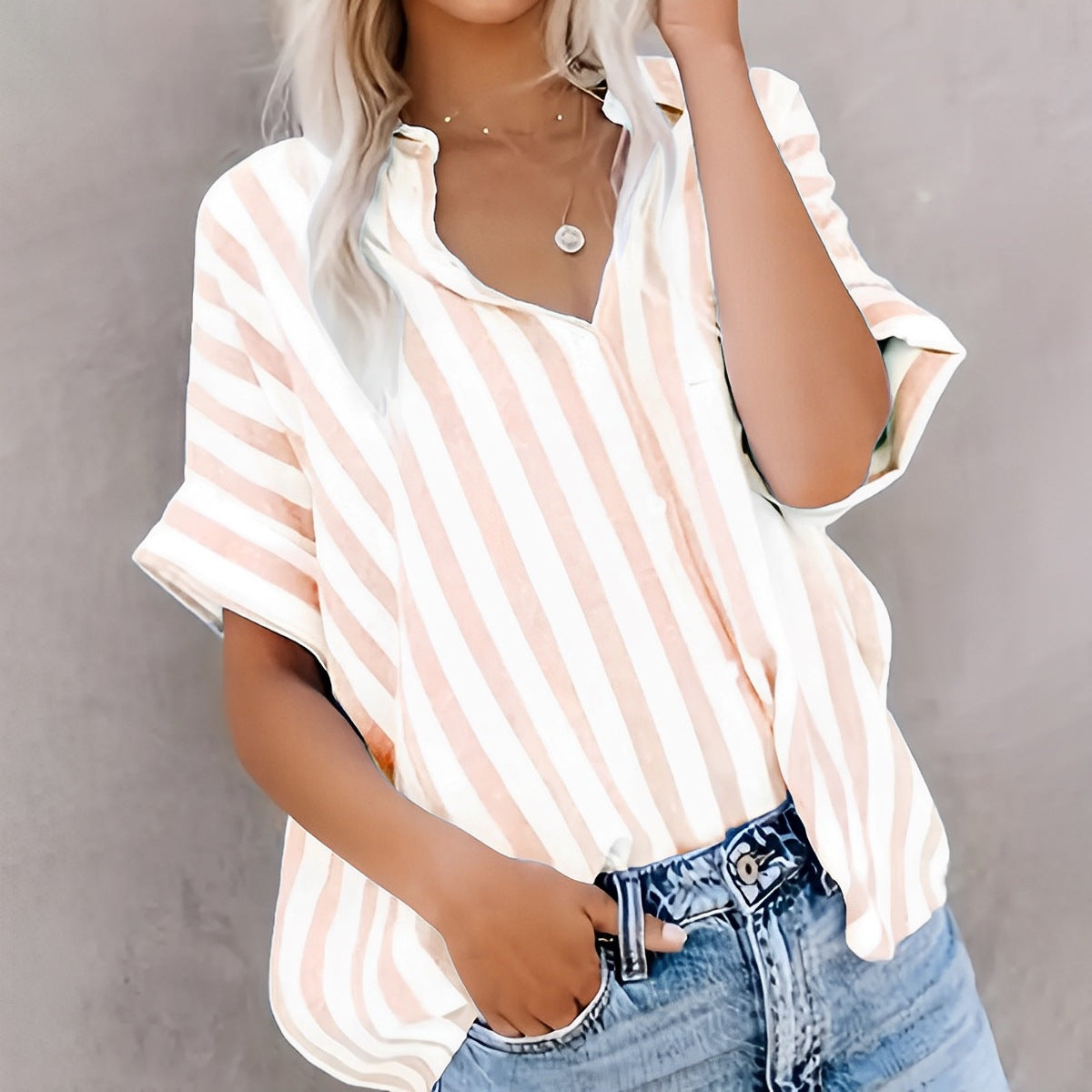 Dames Blouse Korte Mouw – Relaxed Fit – Katoen – Open Front – Diagonaal Gestreept