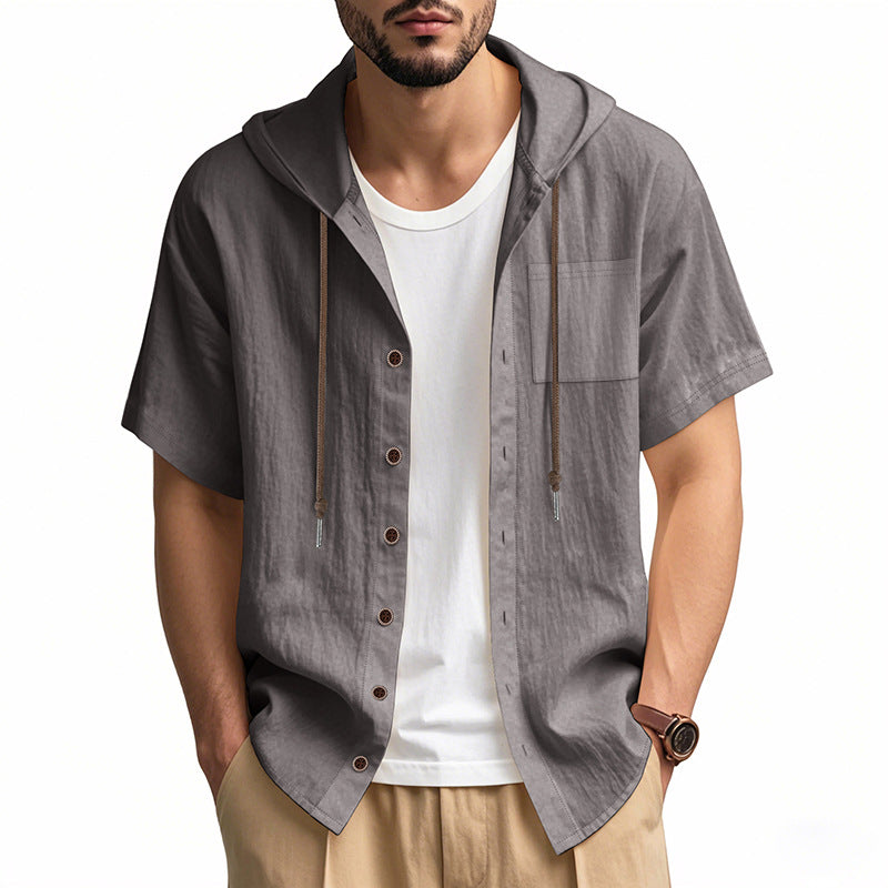 Heren Hooded Overhemd – Linnen – Relaxed Fit – Korte Mouw – Knoopsluiting Casual