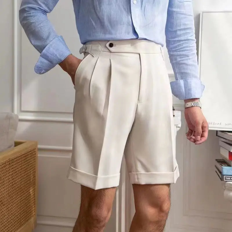 Heren Short – Pasvorm op Maat – Ademend Materiaal – Plooi Voor – Omgeslagen Zoom – Kniehoogte