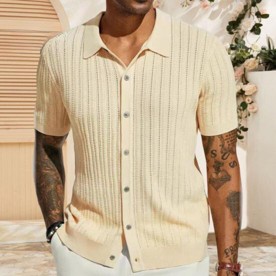 Heren Korte Mouwen Gebreid Shirt – Regular Fit – Zachte Ribstructuur – Knopen Voorzijde