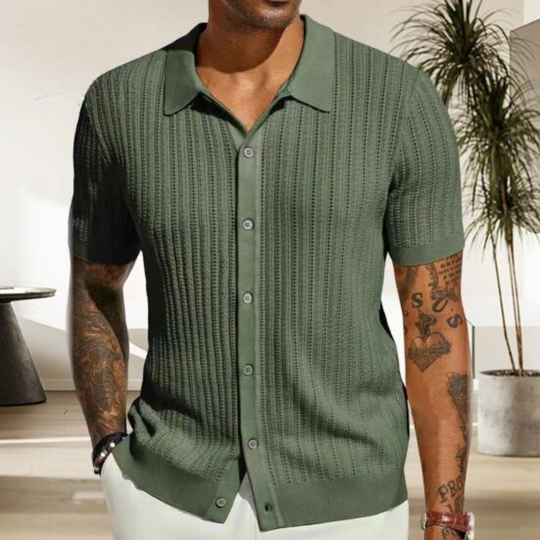 Heren Korte Mouwen Gebreid Shirt – Regular Fit – Zachte Ribstructuur – Knopen Voorzijde