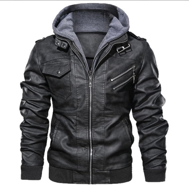 Heren Leren Jas – Slim Fit – Capuchon – Ritsluiting – Ribboord – Epauletten