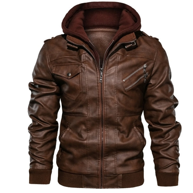 Heren Leren Jas – Slim Fit – Capuchon – Ritsluiting – Ribboord – Epauletten
