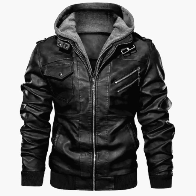 Heren Leren Jas – Slim Fit – Capuchon – Ritsluiting – Ribboord – Epauletten
