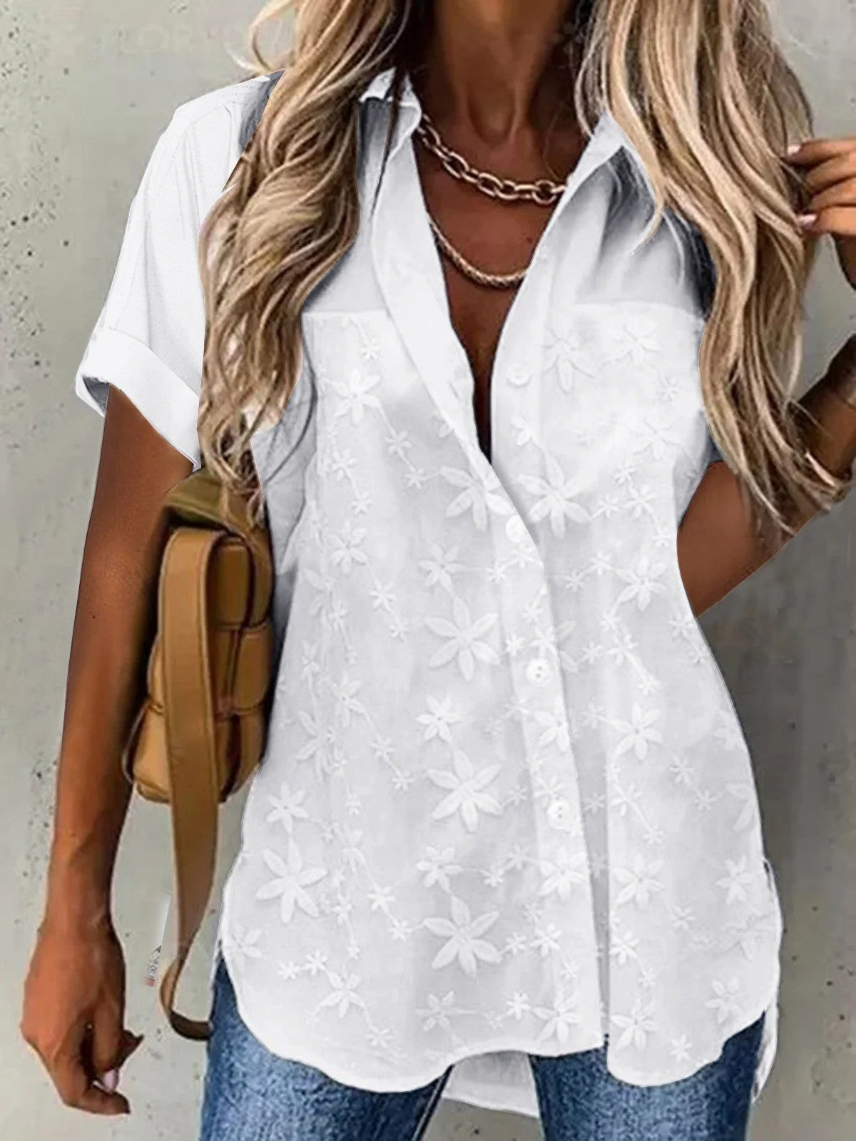 Dames Blouse – Los Model – Kanten Details – Ademend – Korte Mouw – Knoopsluiting