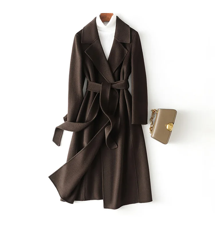 Dames Wolmantel – Lang Model – Ceintuur Taille – Open Voorzijde – Brede Revers