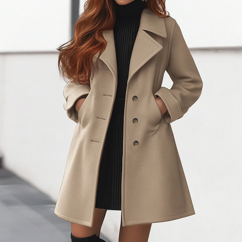 Dames Lange Jas – Getailleerde Pasvorm – Wol Look – Single Breasted – Reverskraag