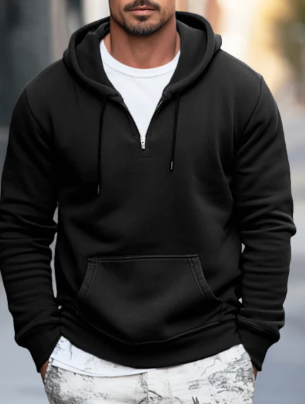 Heren Hoodie – Relaxed Fit – Katoenmix – Kwart Rits – Kangoeroezak Casualstijl