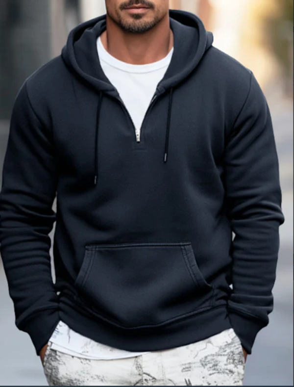 Heren Hoodie – Relaxed Fit – Katoenmix – Kwart Rits – Kangoeroezak Casualstijl