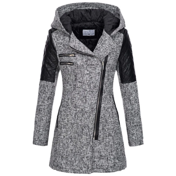 Dames Jas – Getailleerd Model – Tweedlook – Gewatteerde Mouwen – Asymmetrische Rits – Met Capuchon