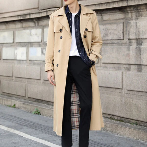 Heren trenchcoat – Tailored fit – Katoen – Dubbelrijig – Volledige lengte – Ceintuur