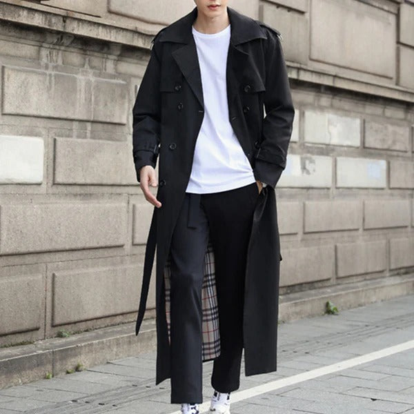 Heren trenchcoat – Tailored fit – Katoen – Dubbelrijig – Volledige lengte – Ceintuur