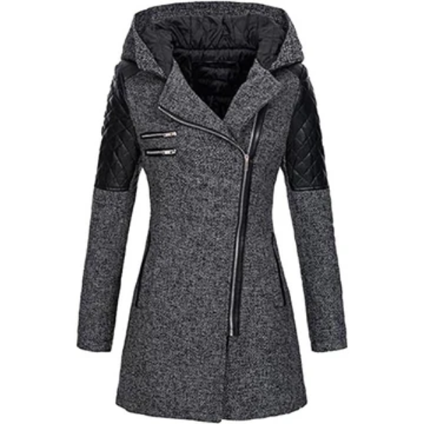 Dames Jas – Getailleerd Model – Tweedlook – Gewatteerde Mouwen – Asymmetrische Rits – Met Capuchon
