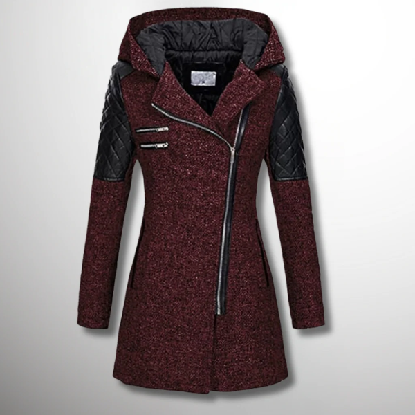 Dames Jas – Getailleerd Model – Tweedlook – Gewatteerde Mouwen – Asymmetrische Rits – Met Capuchon
