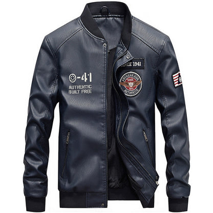 Heren Leren Jas – Regular Fit – Geborduurde Patches – Baseballkraag – Ritsluiting
