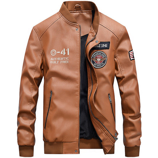 Heren Leren Jas – Regular Fit – Geborduurde Patches – Baseballkraag – Ritsluiting