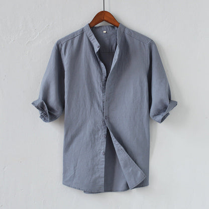 Heren Overhemd – Linnenmix – Relaxed Fit – Halve Mouw – Mandarin Kraag