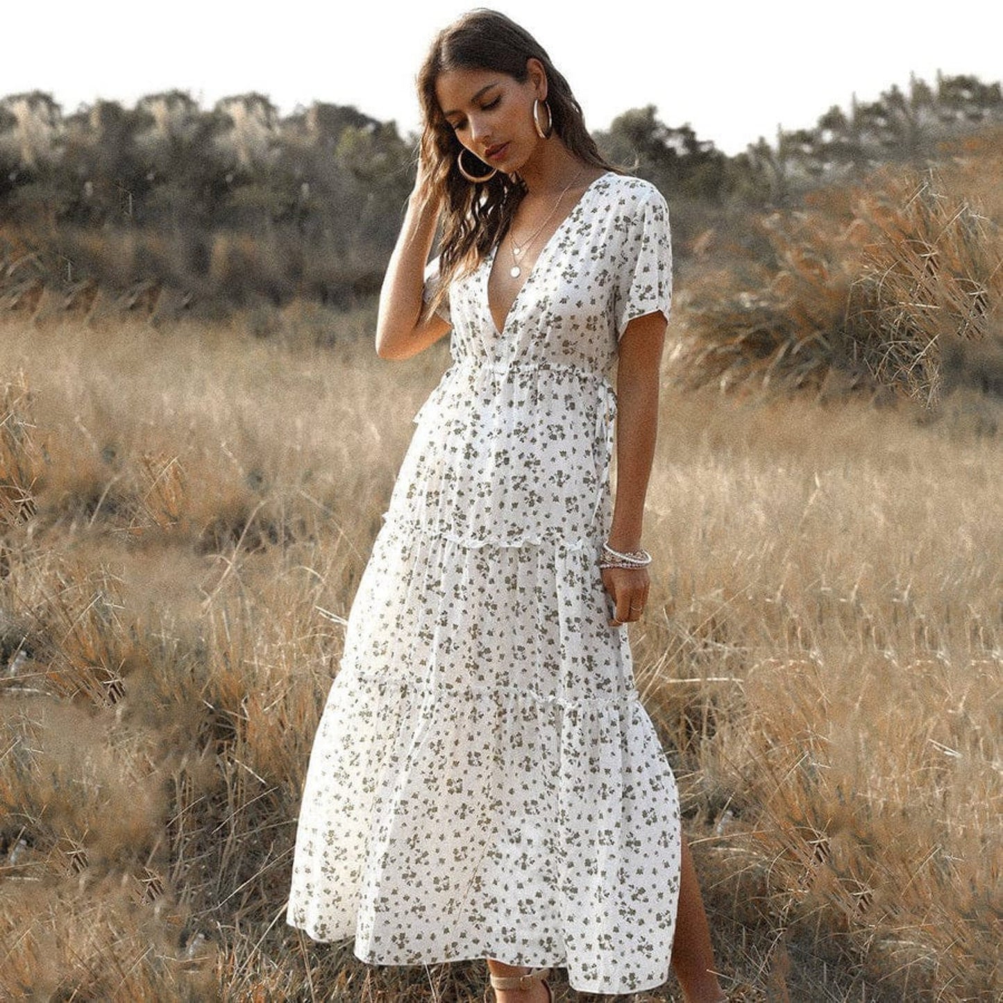 Dames Lange Jurk | Witte Bloemenprint