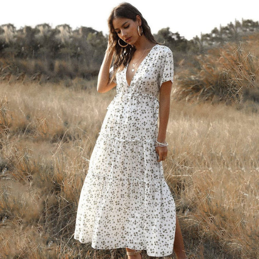 Dames Lange Jurk | Witte Bloemenprint