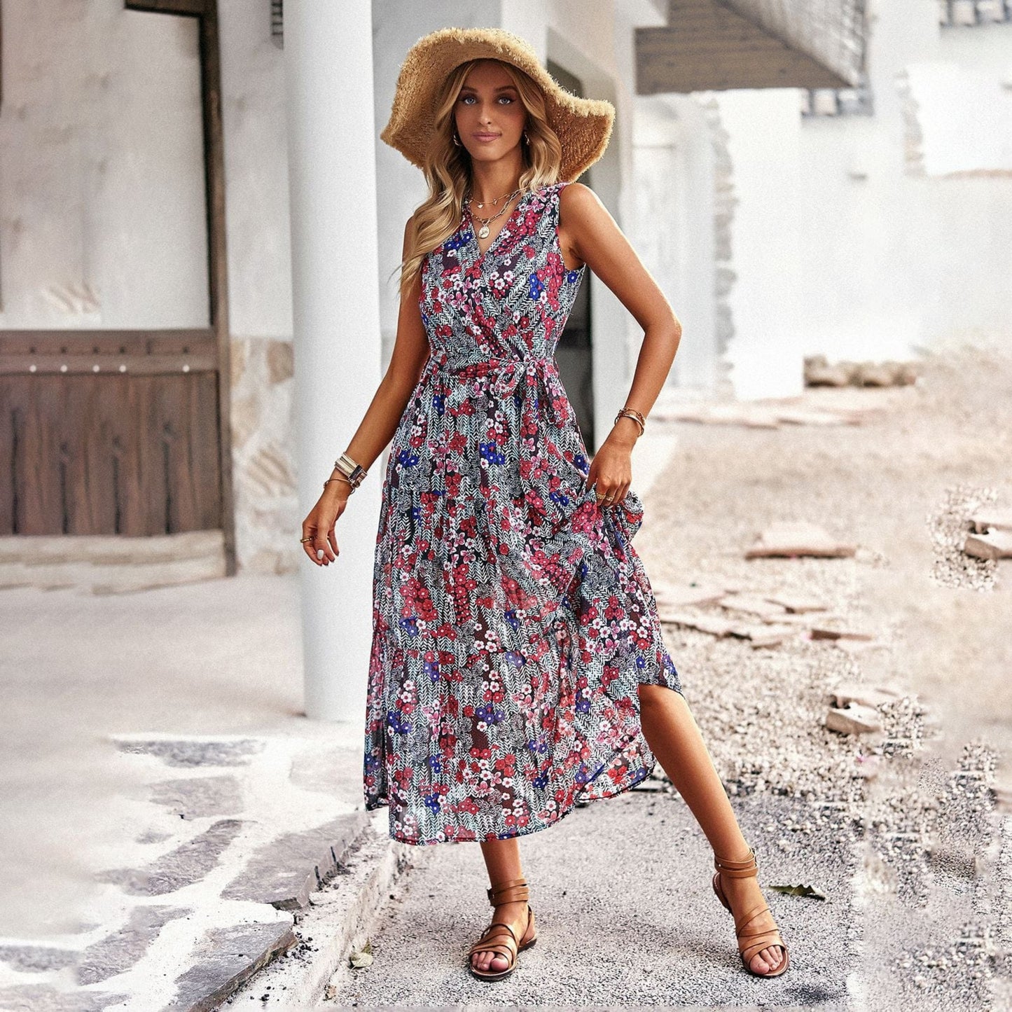 Dames Rode V-Hals Feestjurk | Boho Midi