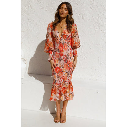Dames Langsleeve V-Hals Jurk | Oranje Elegante Print