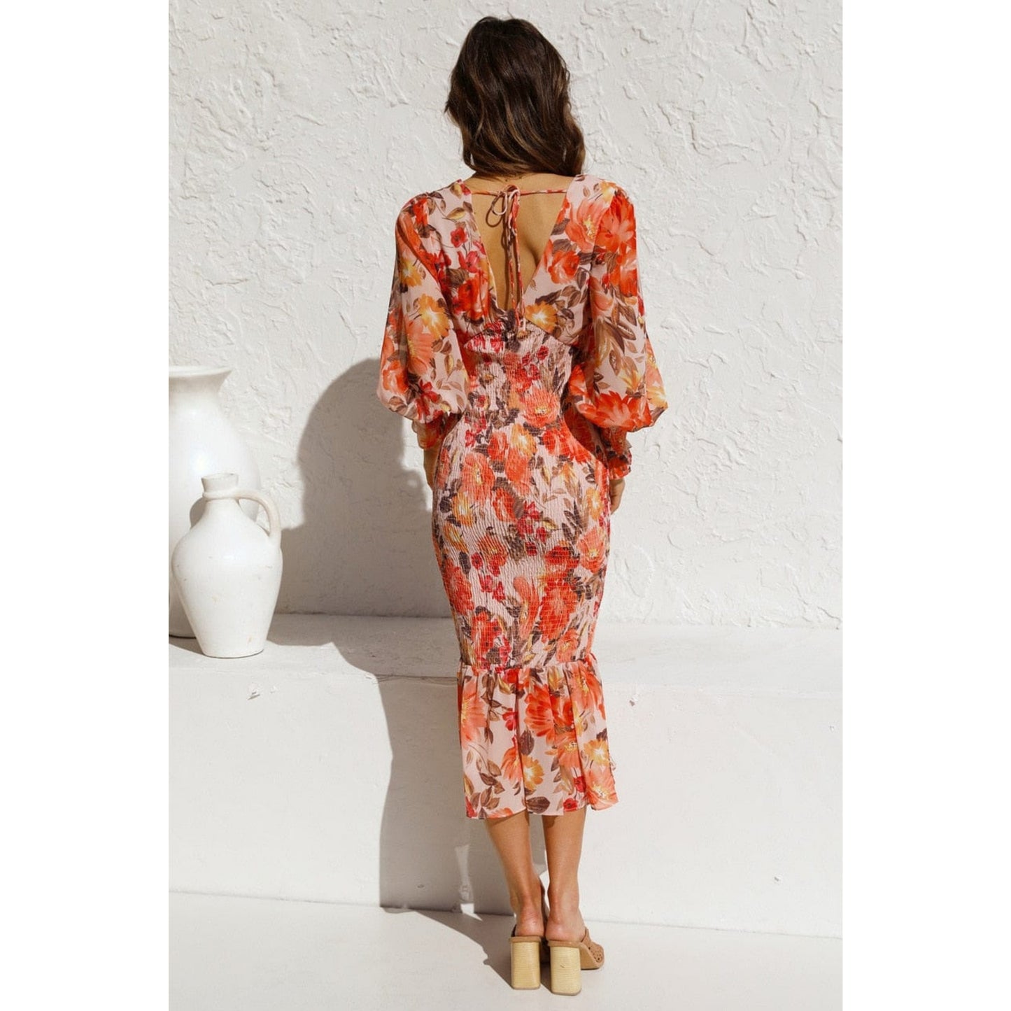 Dames Langsleeve V-Hals Jurk | Oranje Elegante Print