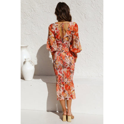Dames Langsleeve V-Hals Jurk | Oranje Elegante Print