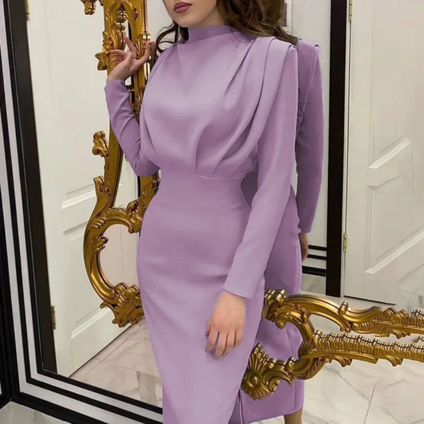 Dames Lange Mouw Avond Midi Jurk | Elegant