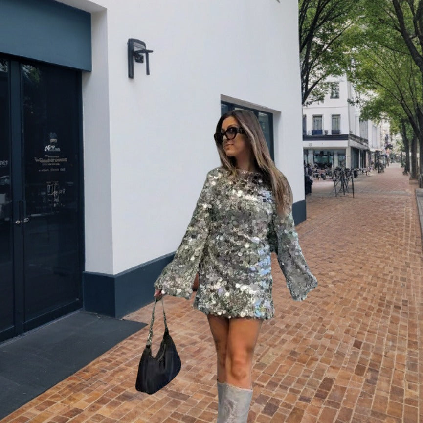 Katie | Glinsterende Pailletten Mini Feestjurk