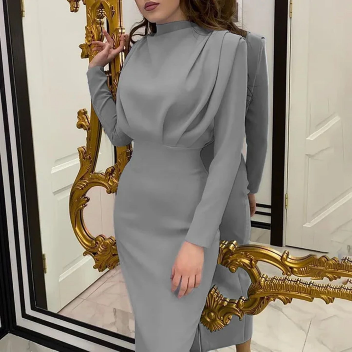 Dames Lange Mouw Avond Midi Jurk | Elegant
