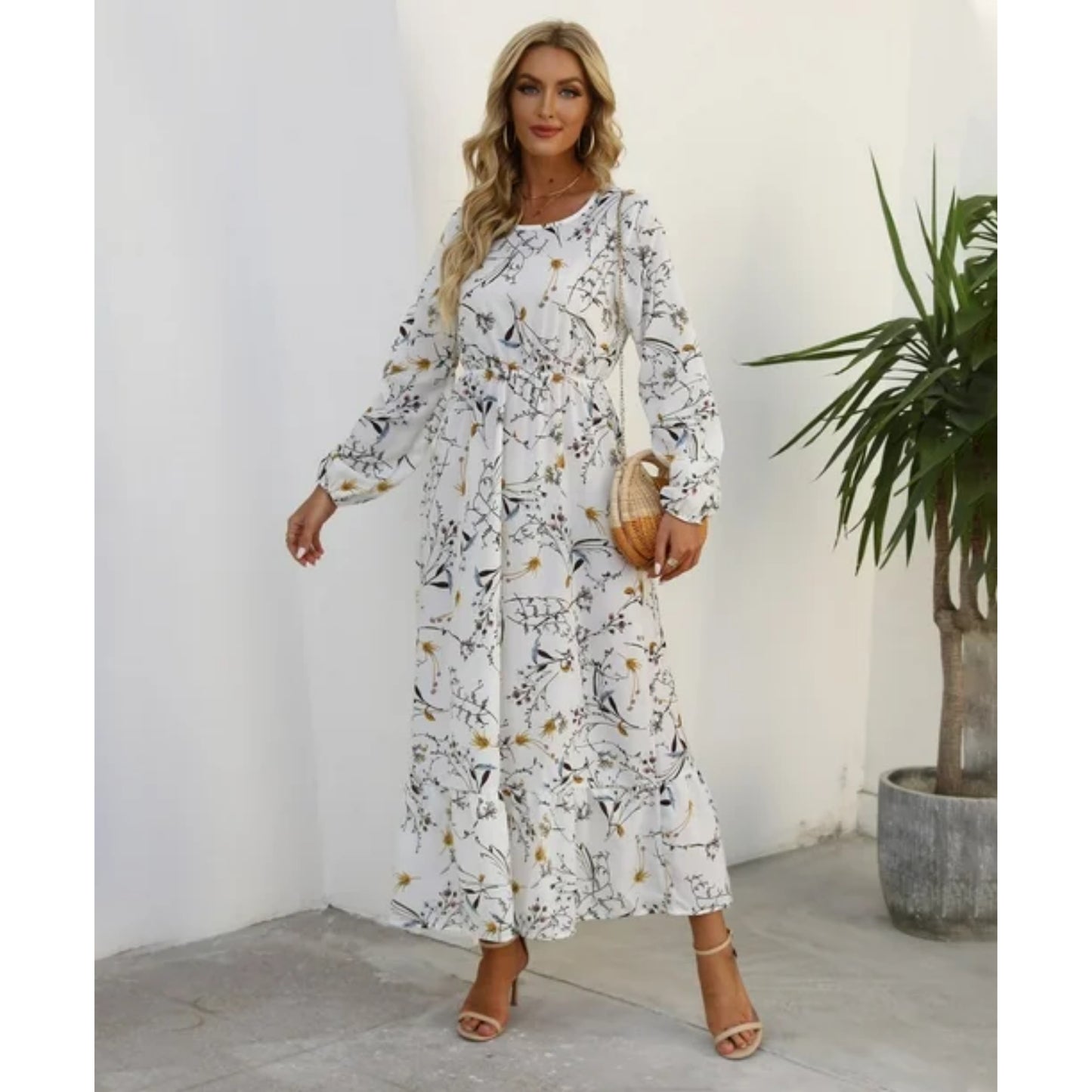 Dames Witte Bloemenprint Midi Jurk | Feestelijke Bohemian