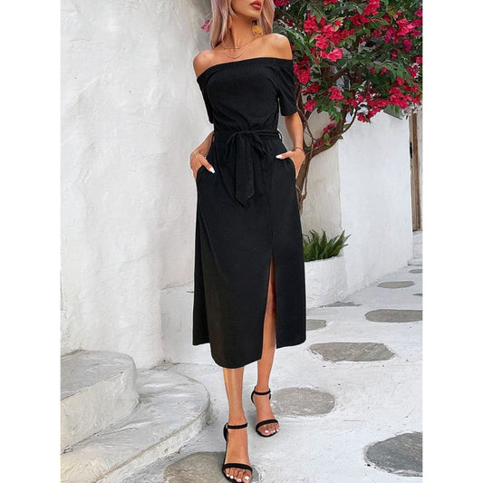 Dames Zwarte Midi Jurk | Off-Shoulder