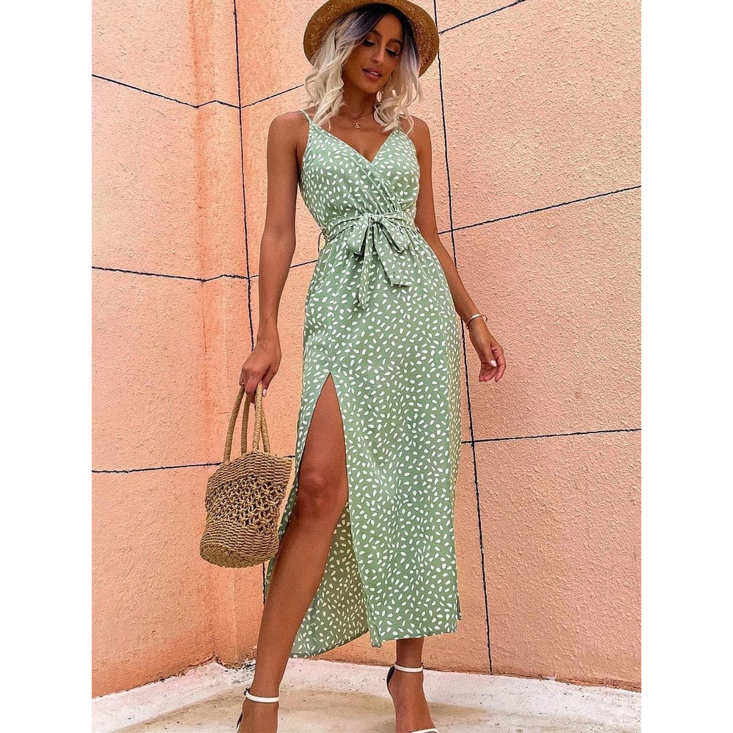 Dames Boho Stippen Midi Jurk | V-Hals